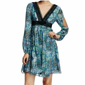 Betsey Johnson Blue/Black Print  Lace V-Neck Dress